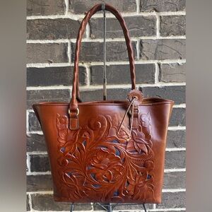 Patricia Nash Tooled Leather Adeline Tote Floral Cutout Brown Italian Leather
